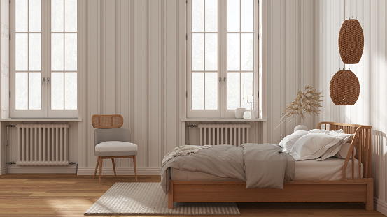Scandinavian wooden bedroom in white and beige tones, double bed with pillows, duvet and blanket, striped wallpaper, windows with radiators, parquet. Side view, modern interior design