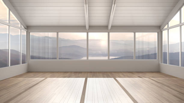 istock Empty room interior design, open space with wooden roofs and parquet floor, big panoramic window, mountain panorama, modern architecture, morning light, mock-up with copy space 1402170272