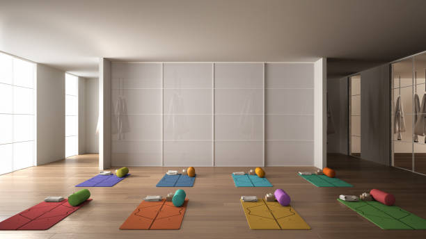 istock Empty yoga studio interior design, space with mats, hammocks, pillows and colored accessories, parquet, mirror, room divider and panoramic window, ready for yoga practice, meditation 1402170276