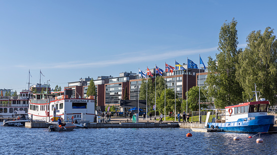 Jyväskylä, Finland - Jun 6th 2022: City of Jyväskylä has been built near Jyväsjärvi -lake. Waterfront area is beautiful all year round.