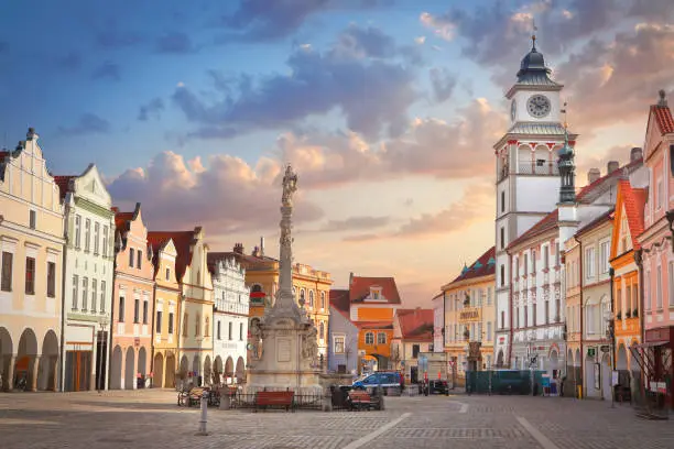 Main square in the south bohemian town Třeboň with town hall and St Mary's column