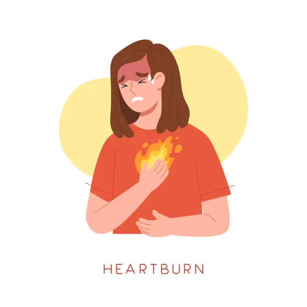 Vector illustration of Young female having heartburn symptom. Feeling like fire burning at chest area because Sphincter open allowing acid reflux to esophagus.