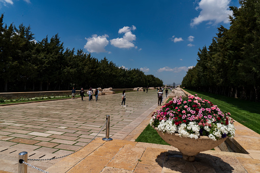 Ankara Turkey - May 18 ,2022 : People walk in Road of Lions to reach Anitkabir mausoleum of Mustafa Kemal Ataturk. Many people visit Anitkabir every year.