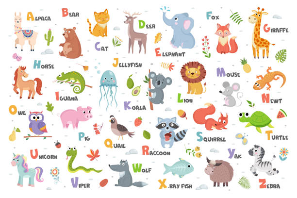  Ilustración de Lindo Alfabeto Animal Inglés Con Frutas Bayas Y Hojas Sobre Fondo Blanco Ilustración Vectorial y más Vectores Libres de Derechos de Letra del alfabeto