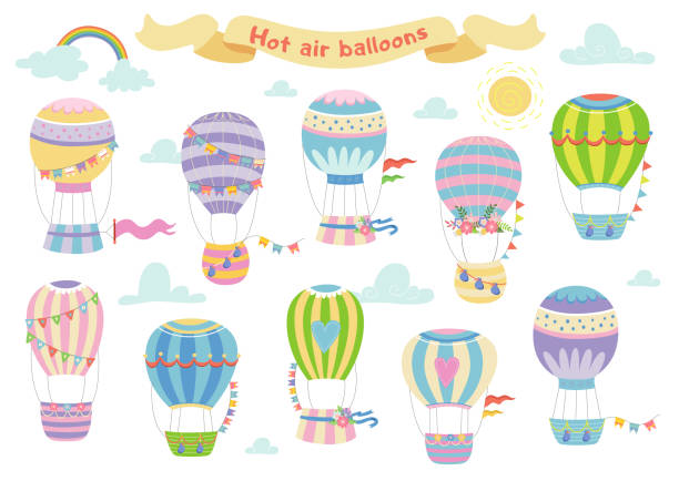 ilustrações de stock, clip art, desenhos animados e ícones de vector illustration of colorful cute hot air balloons on the sky on white background - air nature high up pattern