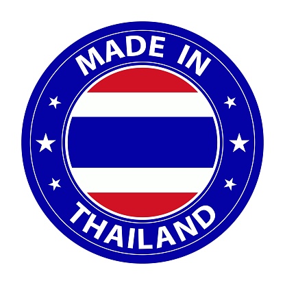 Made in Thailand badge vector. Sticker with stars and national flag. Sign isolated on white background.