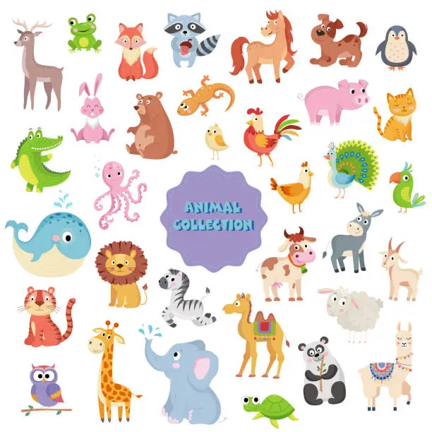Vector illustration of Big collection of cute vector animals on white background