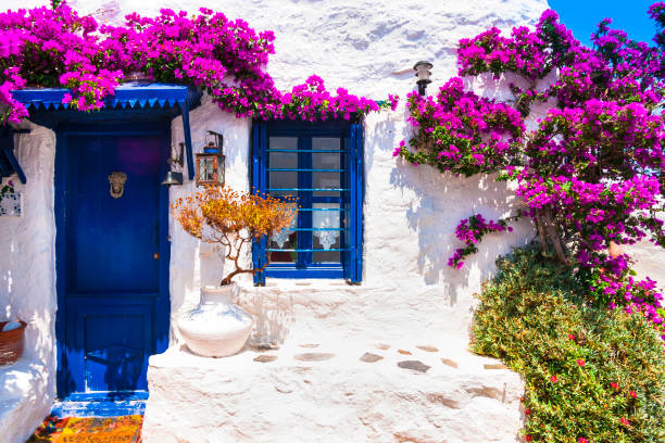 Charming typical floral streets of Greek islands with whitewashed houses and blue doors stock photo