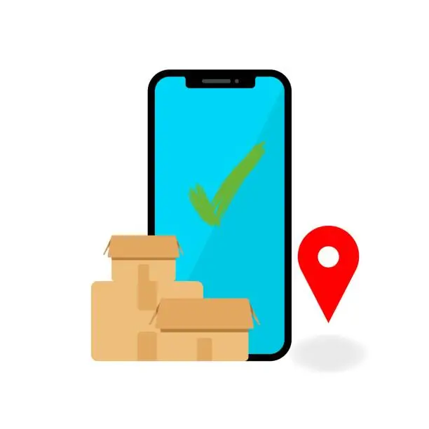 Vector illustration of Smartphone with parcels and geo-positioning colored vector illustration icon. Online shop concept. Trendy flat isolated symbol. For: minimalistic, shipping, logo, app, emblem, design web, ui. EPS 10