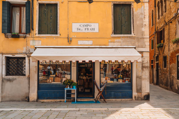 Small book bindery shop on Campo dei Frari in Venice, Italy. stock photo