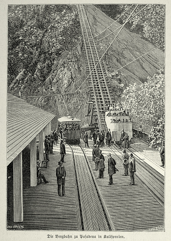 Vintage illustration, cable car to Pasadena in California, Victorian 19th Century