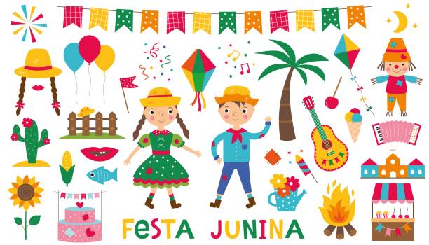 ilustrações, clipart, desenhos animados e ícones de festa junina, tradicional festa de junho do brasil, set de arte de clipe vetorial - cowboy cowboy hat hat summer