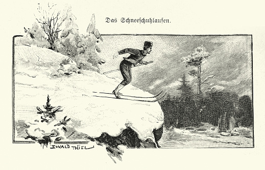 Vintage illustration of a man out skiing cross country, German, Victorian 19th Century