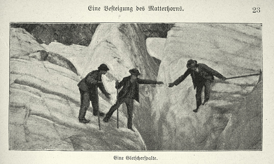 Vintage illustration, Victorian mountaineering, mountaineers jumping over a crevasse, 19th Century