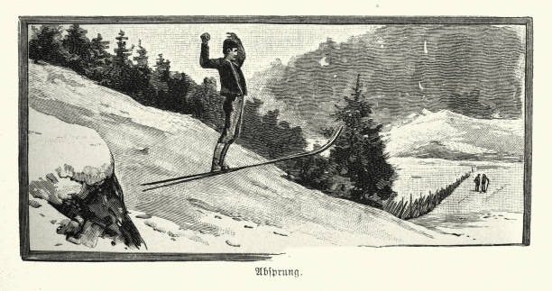 Vintage illustration of a man out skiing cross country, jumping, German, Victorian 19th Century