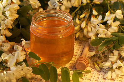 Jar of honey with white acacia blossom