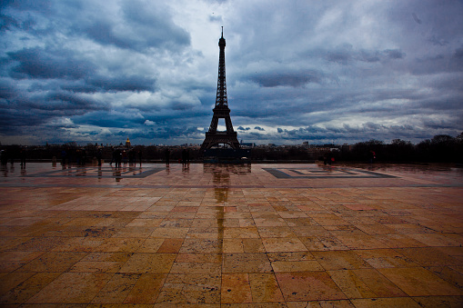 Eiffel Tower in the rain in Paris, France.