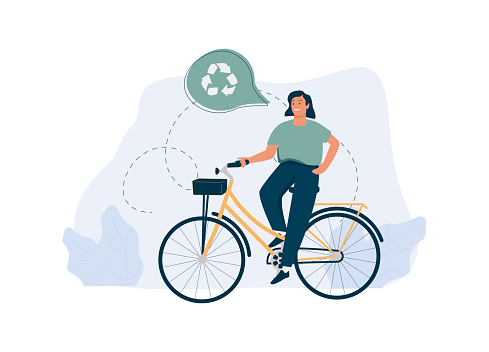 The girl rides a bicycle. Active lifestyle. 	Circular economy illustration. Sustainable economic growth with renewable energy and natural resources. Green energy, sustainable industry and manufacturing concept. Vector illustration.