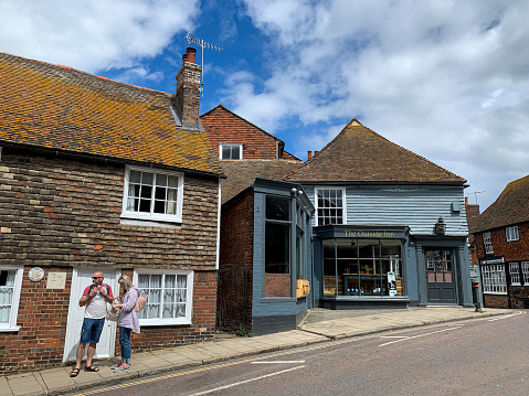 High street view in Rye, East Sussex. Charming medieval town. Architecture, cozy popular touristic. Summer in England.