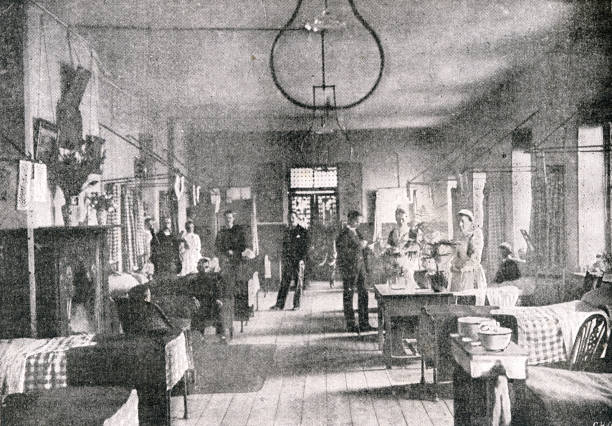 illustrazioni stock, clip art, cartoni animati e icone di tendenza di london hospital ward interior alla fine del 19 ° secolo - stile del xix secolo
