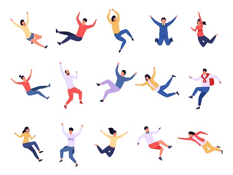 Flying people. Floating and falling characters, dream and imagination concept with various young persons. Vector group of teenagers flying together. Man and woman having positive emotions