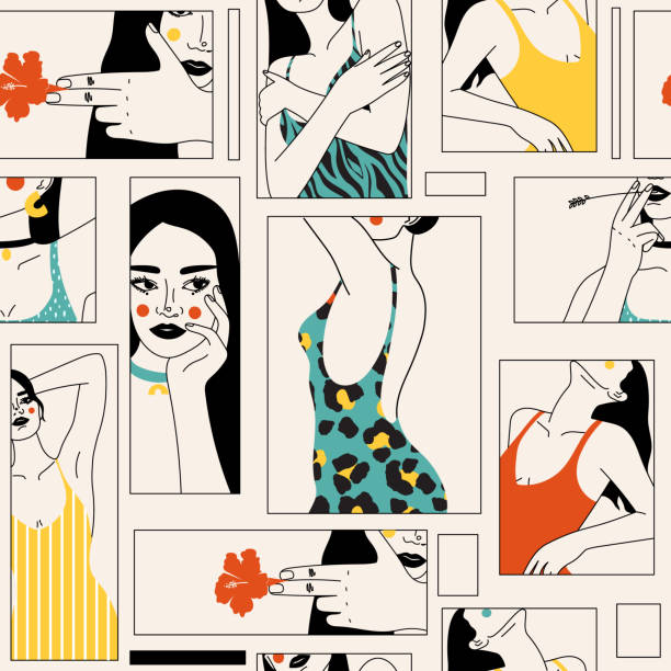 팜므 이음새가 없는 패턴 - femininity pattern female backgrounds stock illustrations