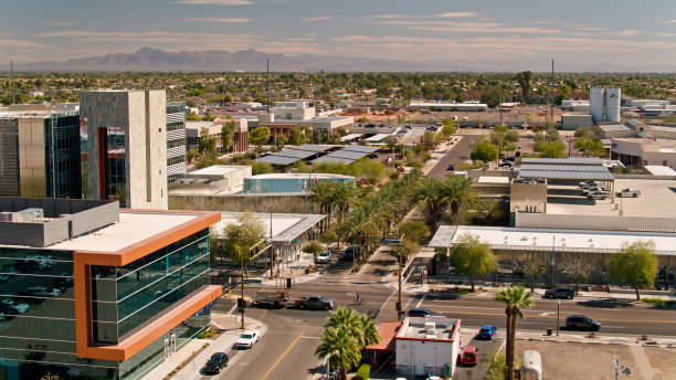 Drone View Over Downtown Chandler, Arizona Aerial shot of Chandler, Arizona on a clear sunny day. 

Authorization was obtained from the FAA for this operation in restricted airspace. chandler arizona stock pictures, royalty-free photos & images