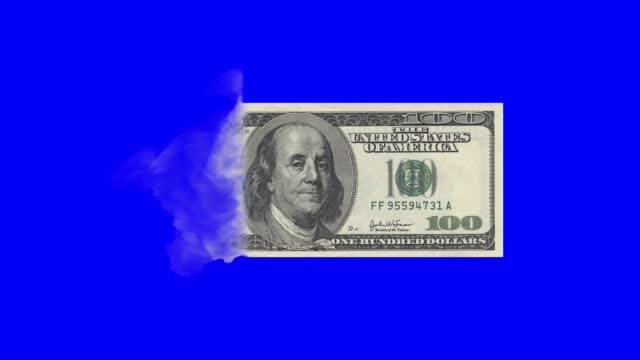 One hundred Dollar bill disappearing on blue screen, Chroma key animation, American money banknote turns to dust. Concept of financial crisis, disaster, loss, recession, failure, finance, tax, risk, insurance, bankrupt, ash, money to burn, fire