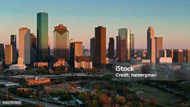 Buffalo Bayou Park And Downtown Skyline In Houston Texas Drone Shot Stock Photo - Download Image Now