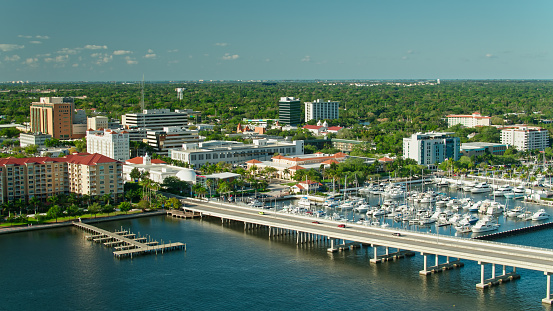 Aerial shot of Bradenton, a small city in Manatee County, Florida on a sunny day.