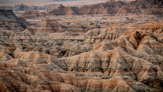A cross section of the rugged and extreme terrain in Badlands National Park in South Dakota