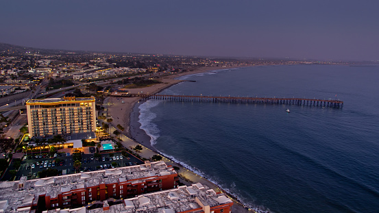 Aerial shot of Ventura, California at twilight.