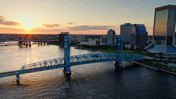 istock Sun Setting Behind Riverfront in Jacksonville, Florida - Aerial 1402200531