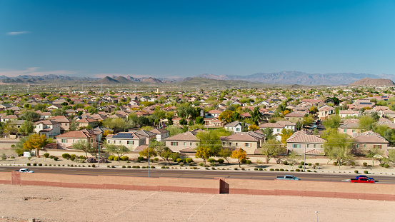 Aerial shot of a residential neighborhood in Peoria, a suburb of Phoenix, on a sunny day.