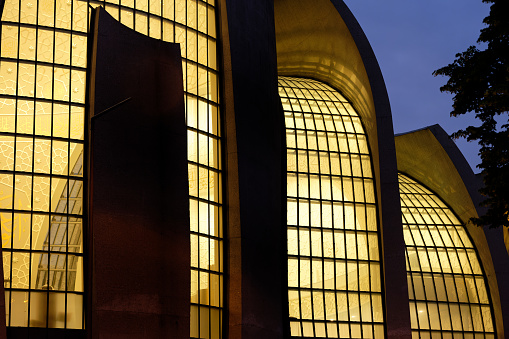 illuminated windows of the cologne mosque at dusk
