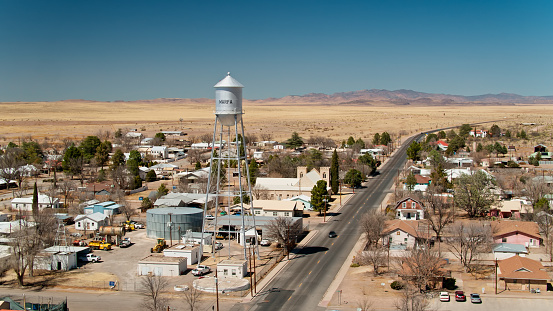 Aerial shot of Marfa, Texas on a clear sunny day.