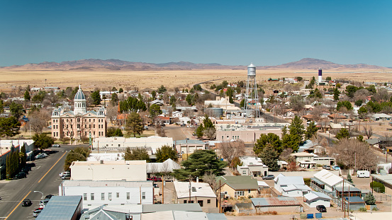 Aerial shot of Marfa, Texas on a clear sunny day.