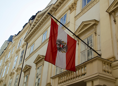 State Flag of Austria Close-Up in Vienna City Center, Austria, Europe in October 2021