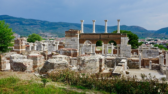 Excavated Ruins of ancient Pompeii Destroyed by volcano Vizuvius eruption, Pompei, Naples, Italy. Blue Sky Sunny Day