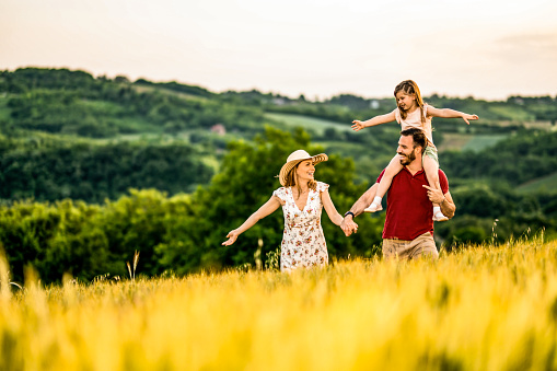Playful parents having fun with their little girl while running on a golden field during sunset. Father is carrying his daughter on shoulders while holding his wife's hand.