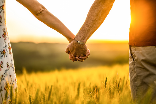 Hand close-up of couple holding hands on a field during sunset.