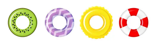 Vector illustration of Set of swimming rings for summer party . Inflatable rubber toy colorful collection. Kiwi, waves. Top view swimming circle for ocean, sea, pool. Lifebyou swimming rings. Summer vacation or trip safety