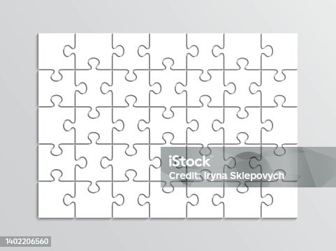 istock Puzzle cutting 7x5 grid. Thinking game with 35 separate pieces. Jigsaw outline template. Simple mosaic layout. 1402206560