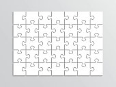 istock Puzzle cutting 7x5 grid. Thinking game with 35 separate pieces. Jigsaw outline template. Simple mosaic layout. 1402206560