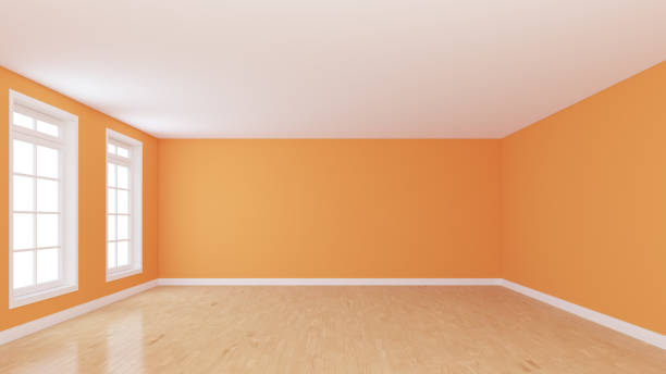 istock Beautiful Empty Orange Room with Two Windows, Light Parquet Floor 1402206717