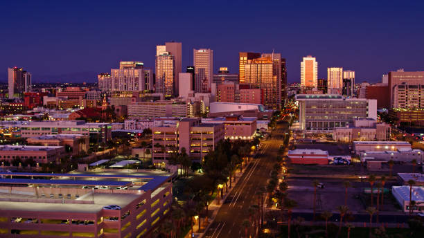 istock Washington Street Leading Into Downtown Phoenix at Twilight - Aerial 1402208145