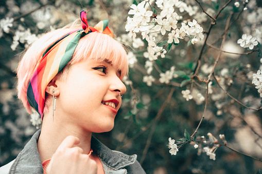 Pink Hair Girl Portrait. Young woman during gay pride