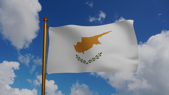 National flag of Cyprus waving 3D Render with flagpole and blue sky, Republic of Cyprus flag textile, simea tis Kipru or Kibris bayragi designed by Ismet Guney, cyprus independence day. illustration