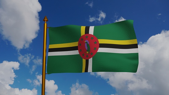 National flag of Dominica waving 3D Render with flagpole and blue sky, Commonwealth of Dominica flag textile designed by Alwin Bully, Dominica independence day. High quality 3d illustration