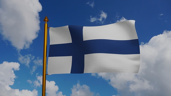 National flag of Finland waving 3D Render with flagpole and blue sky, Suomen lippu or Finlands flagga and Siniristilippu used Nordic cross, Finnish flag has Scandinavian cross. illustration